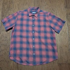32 Bar Blues Button Up T Shirt Men's Large Red Gray Plaid 100% Cotton Casual
